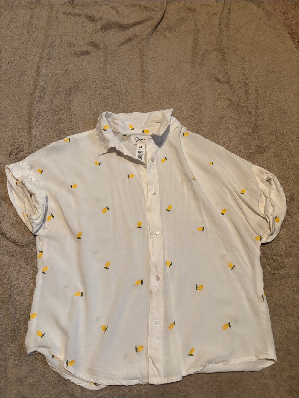 Japna White Button-Up Blouse with Yellow Lemon Embroidery